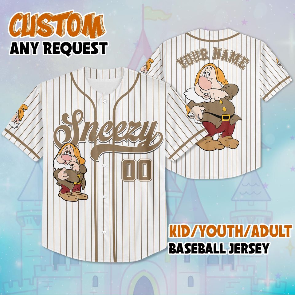 Personalized Disney The Seven Dwarfs Baseball Jersey, Custom Seven Dwarfs Jersey