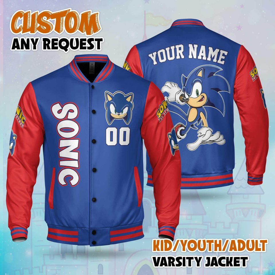 Custom Sonic Varsity Jacket, Personalized Sonic the Hedgehog Baseball Jacket, Kids Youth Adult Varsity Jacket