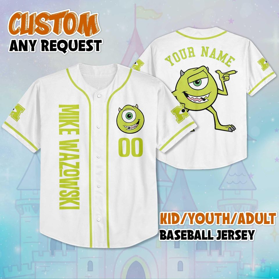 Personalized Mike Wazowski Baseball Jersey, Custom Disney Monsters Inc Shirt