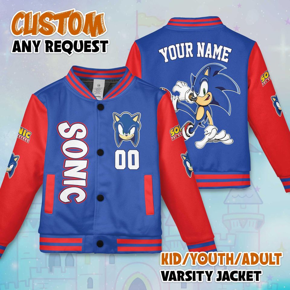 Custom Sonic Varsity Jacket, Personalized Sonic the Hedgehog Baseball Jacket, Kids Youth Adult Varsity Jacket