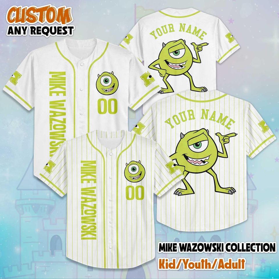Personalized Mike Wazowski Baseball Jersey, Custom Disney Monsters Inc Shirt