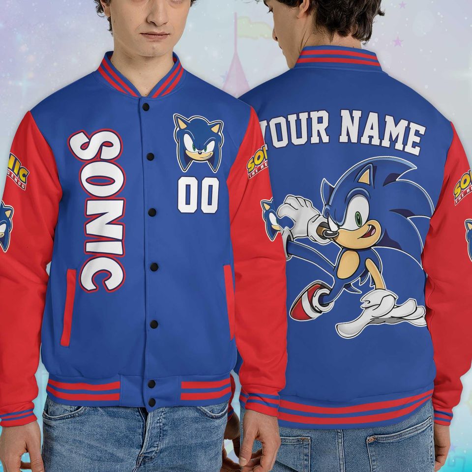 Custom Sonic Varsity Jacket, Personalized Sonic the Hedgehog Baseball Jacket, Kids Youth Adult Varsity Jacket