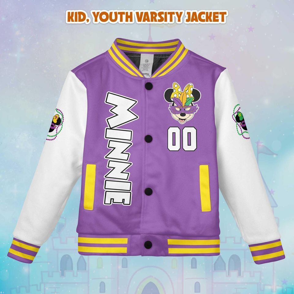 Personalized Minnie Mouse Mardi Gras  Varsity Jacket, Custom Mickey and Friends Baseball Jacket, Lucky Gift