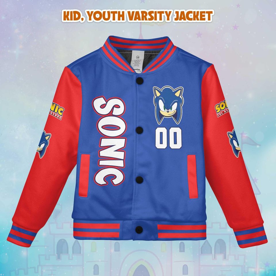 Custom Sonic Varsity Jacket, Personalized Sonic the Hedgehog Baseball Jacket, Kids Youth Adult Varsity Jacket