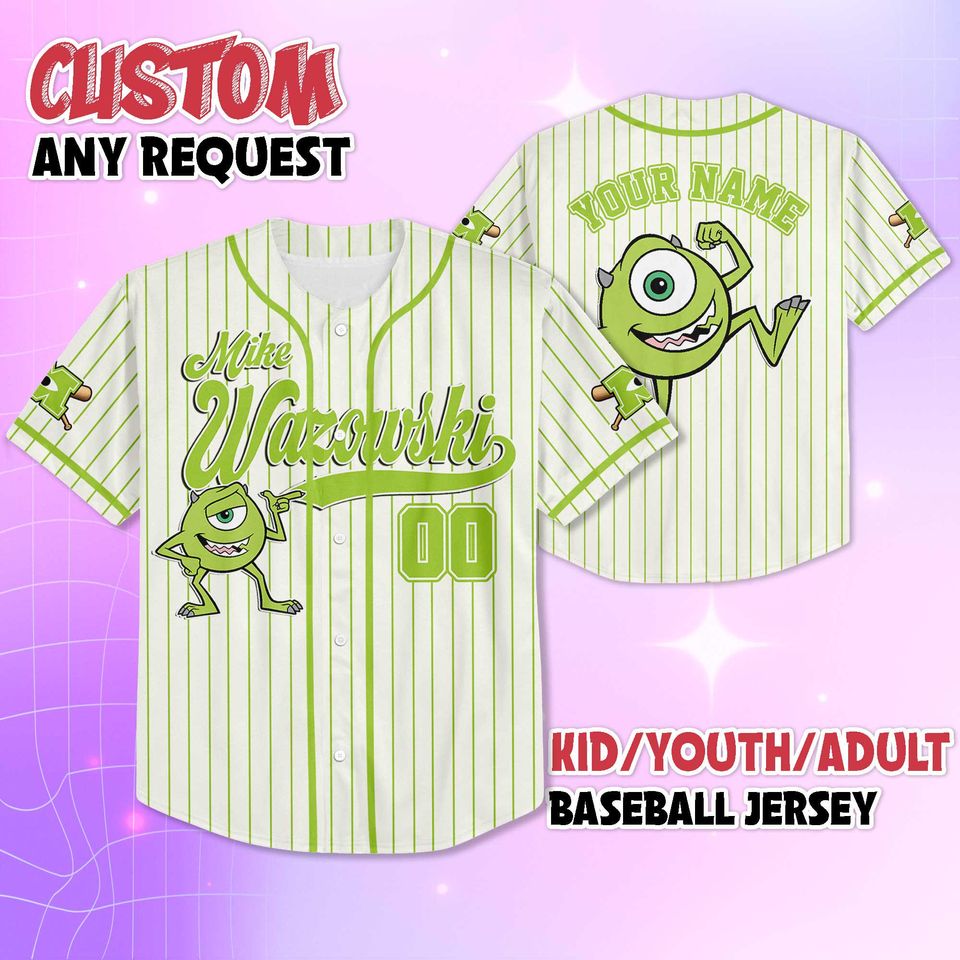 Personalized Mike Wazowski Baseball Jersey, Disney Monsters Inc Baseball Shirt