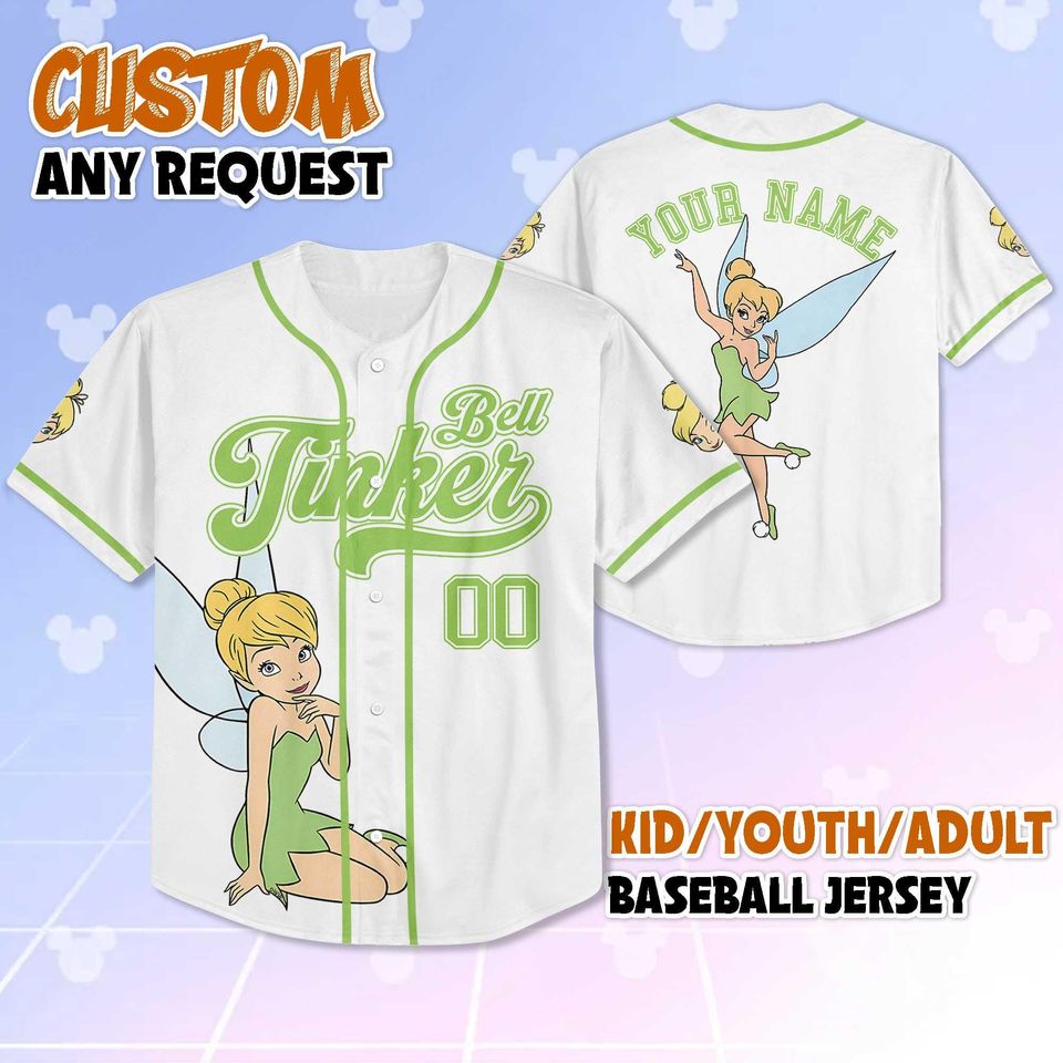 Personalized Tinker Bell Baseball Jersey, Custom Disney Tinker Bell Baseball Shirt
