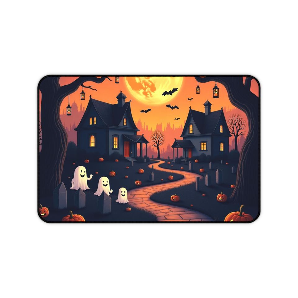Halloween Desk Mat: Spooky Ghosts, Pumpkins, Neoprene Mousepad