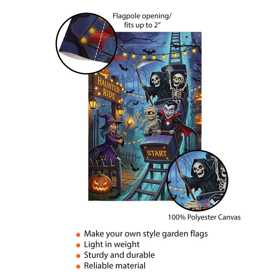 Haunted Ride Halloween Garden Flag  Spooky Rollercoaster with Witch, Vampire