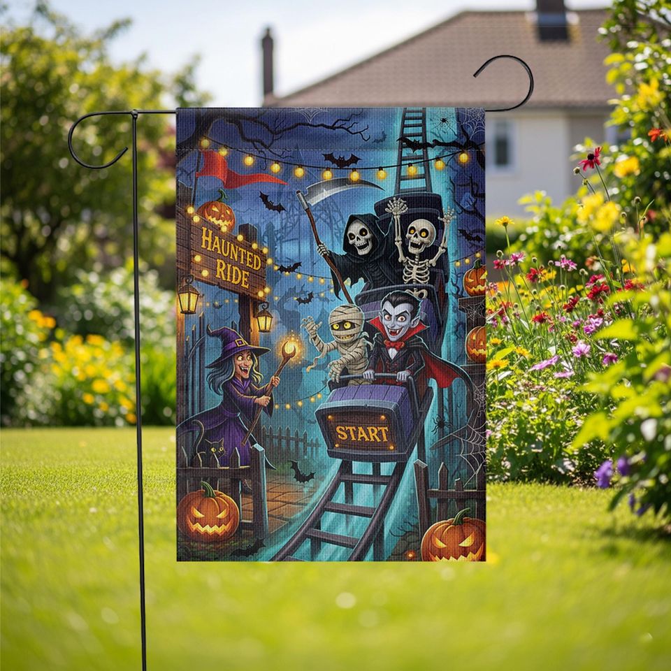 Haunted Ride Halloween Garden Flag  Spooky Rollercoaster with Witch, Vampire