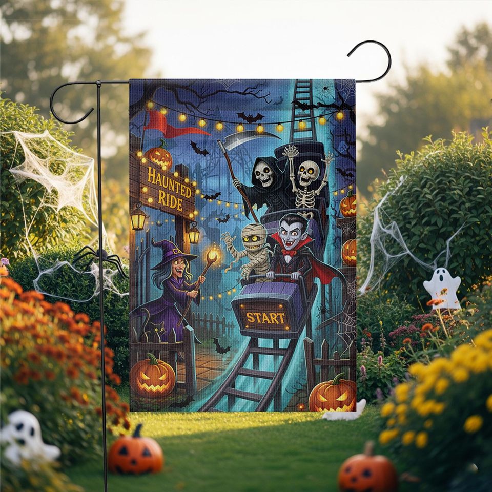 Haunted Ride Halloween Garden Flag  Spooky Rollercoaster with Witch, Vampire