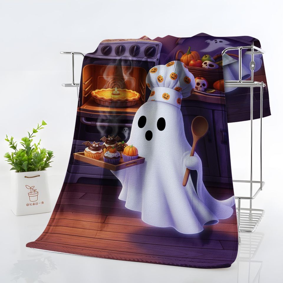 Halloween Ghost Baker Towel | Spooky Pumpkin Ghost Pie & Cupcakes Kitchen Decor