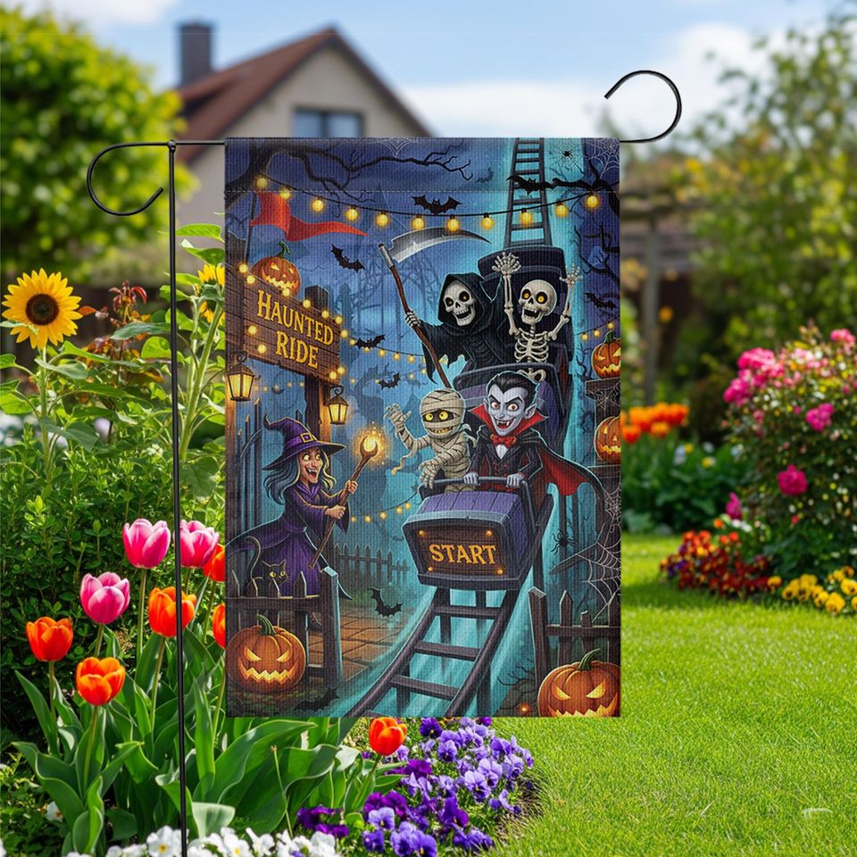 Haunted Ride Halloween Garden Flag  Spooky Rollercoaster with Witch, Vampire
