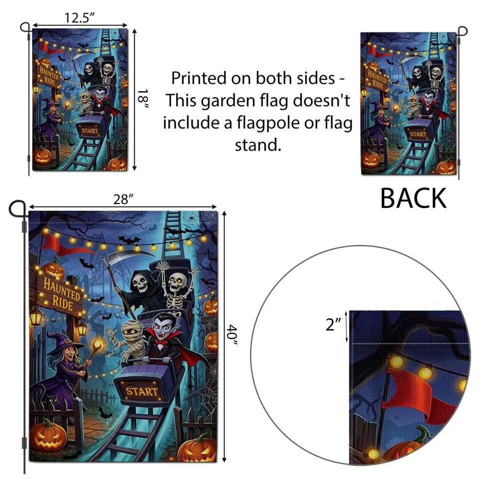 Haunted Ride Halloween Garden Flag  Spooky Rollercoaster with Witch, Vampire