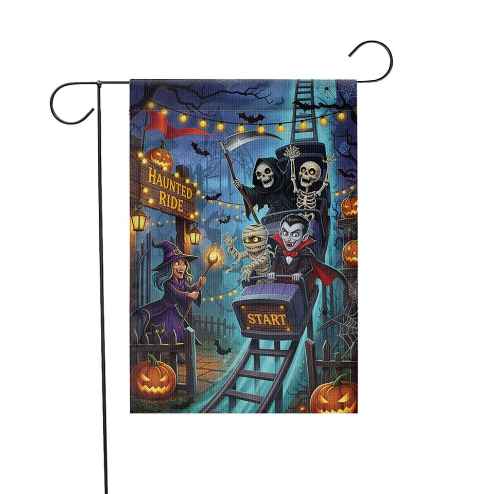 Haunted Ride Halloween Garden Flag  Spooky Rollercoaster with Witch, Vampire