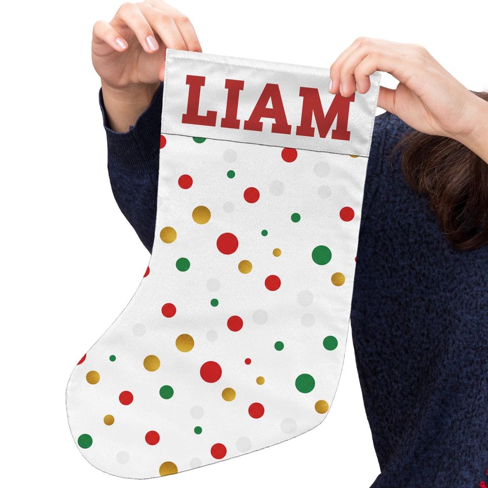 Personalized Christmas Stocking: White Polka Dot Fireplace Decoration with Name