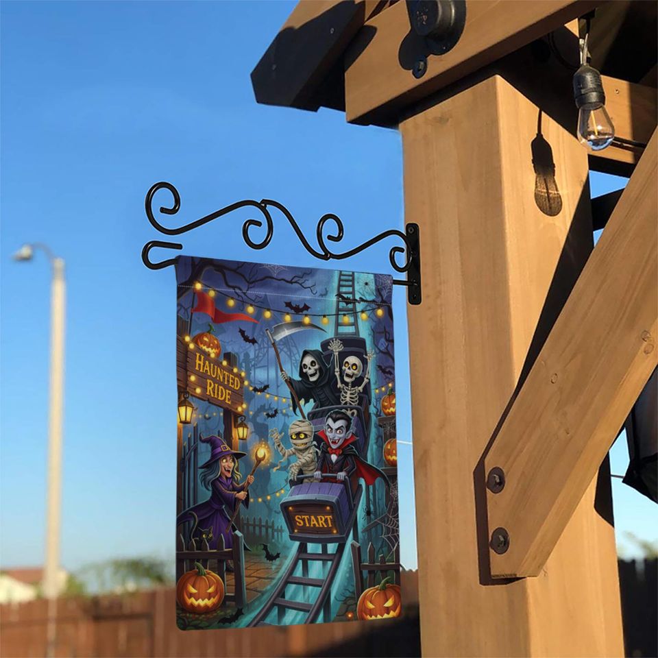 Haunted Ride Halloween Garden Flag  Spooky Rollercoaster with Witch, Vampire