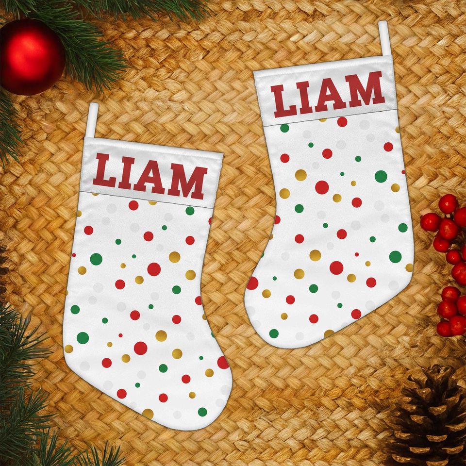 Personalized Christmas Stocking: White Polka Dot Fireplace Decoration with Name