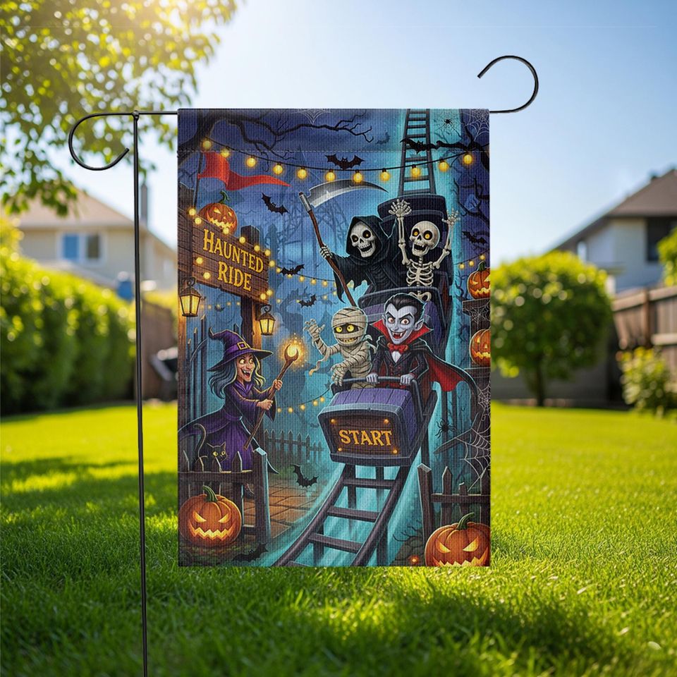 Haunted Ride Halloween Garden Flag  Spooky Rollercoaster with Witch, Vampire