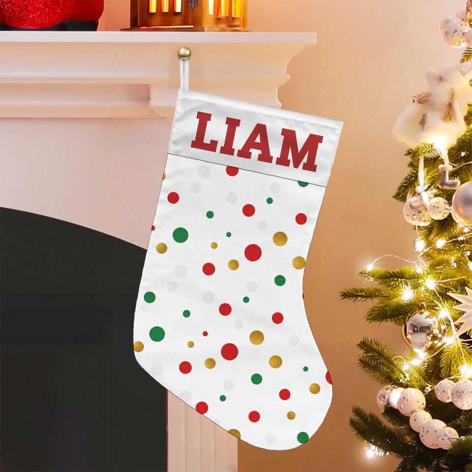 Personalized Christmas Stocking: White Polka Dot Fireplace Decoration with Name