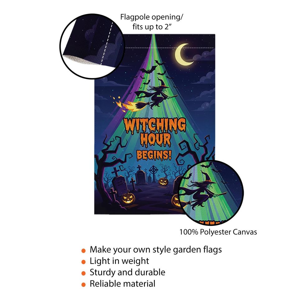 Witching Hour Begins Garden Flag  Halloween Witch Yard Banner Spooky Graveyard