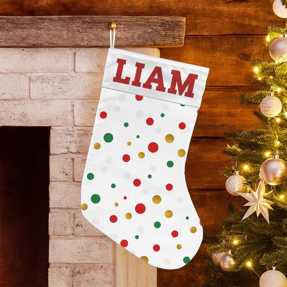 Personalized Christmas Stocking: White Polka Dot Fireplace Decoration with Name