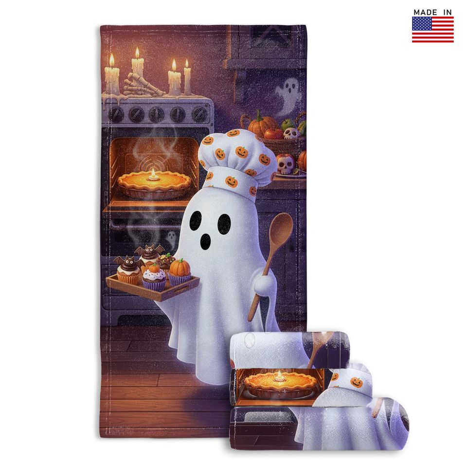 Halloween Ghost Baker Towel | Spooky Pumpkin Ghost Pie & Cupcakes Kitchen Decor