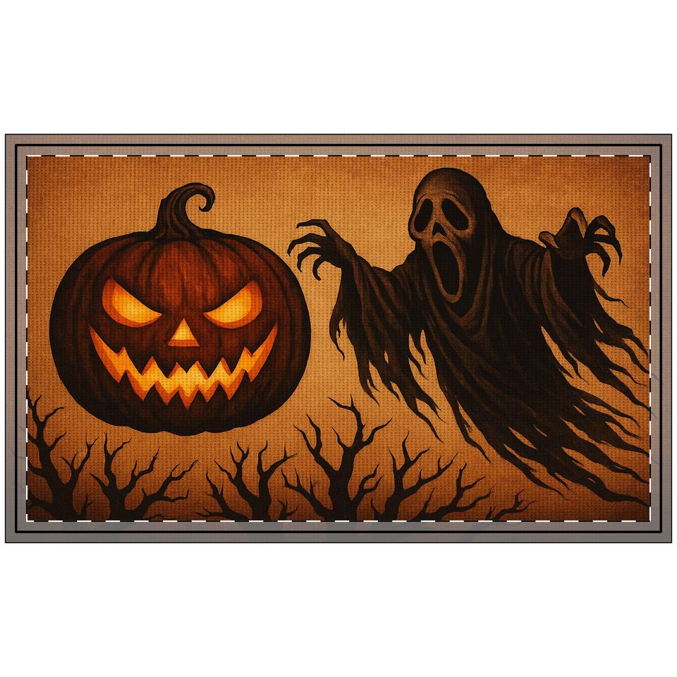 Spooky Ghost & Pumpkin Doormat | Polyester Entrance Rug