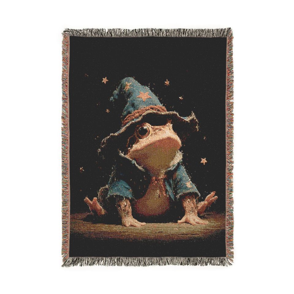 Wizard Frog Woven Blanket: Mystical Cottagecore Throw Tapestry