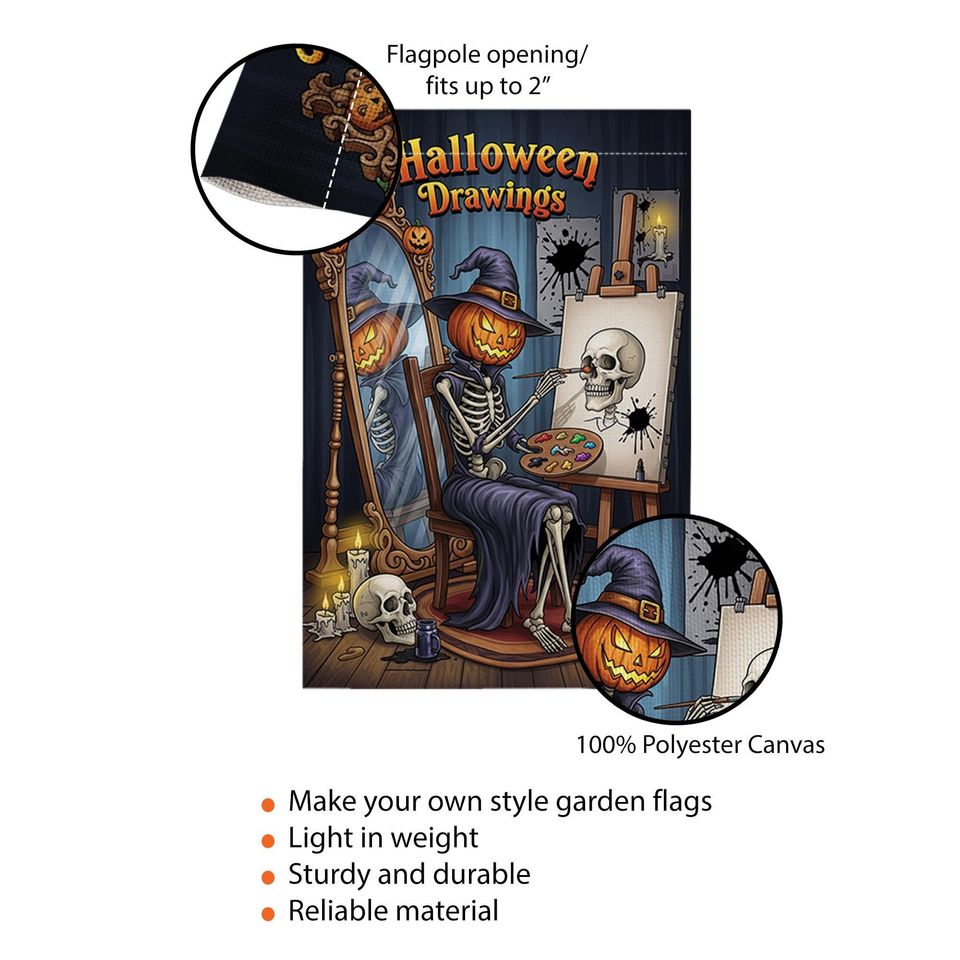 Halloween Artist Garden Flag - Pumpkin Skeleton Drawing Skull Art