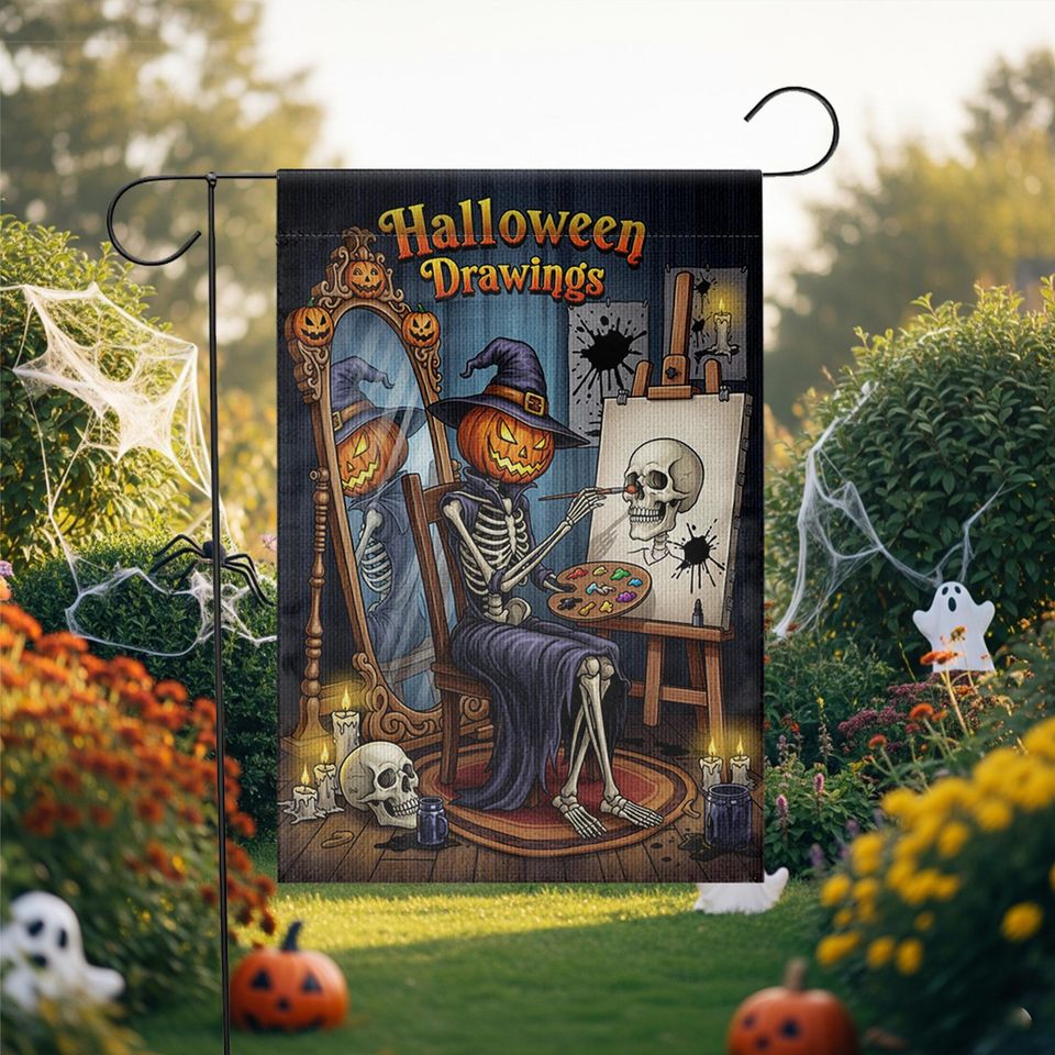 Halloween Artist Garden Flag - Pumpkin Skeleton Drawing Skull Art