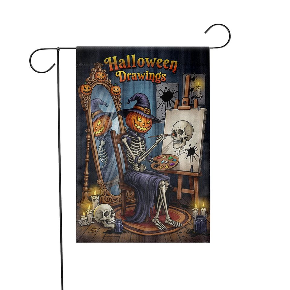 Halloween Artist Garden Flag - Pumpkin Skeleton Drawing Skull Art