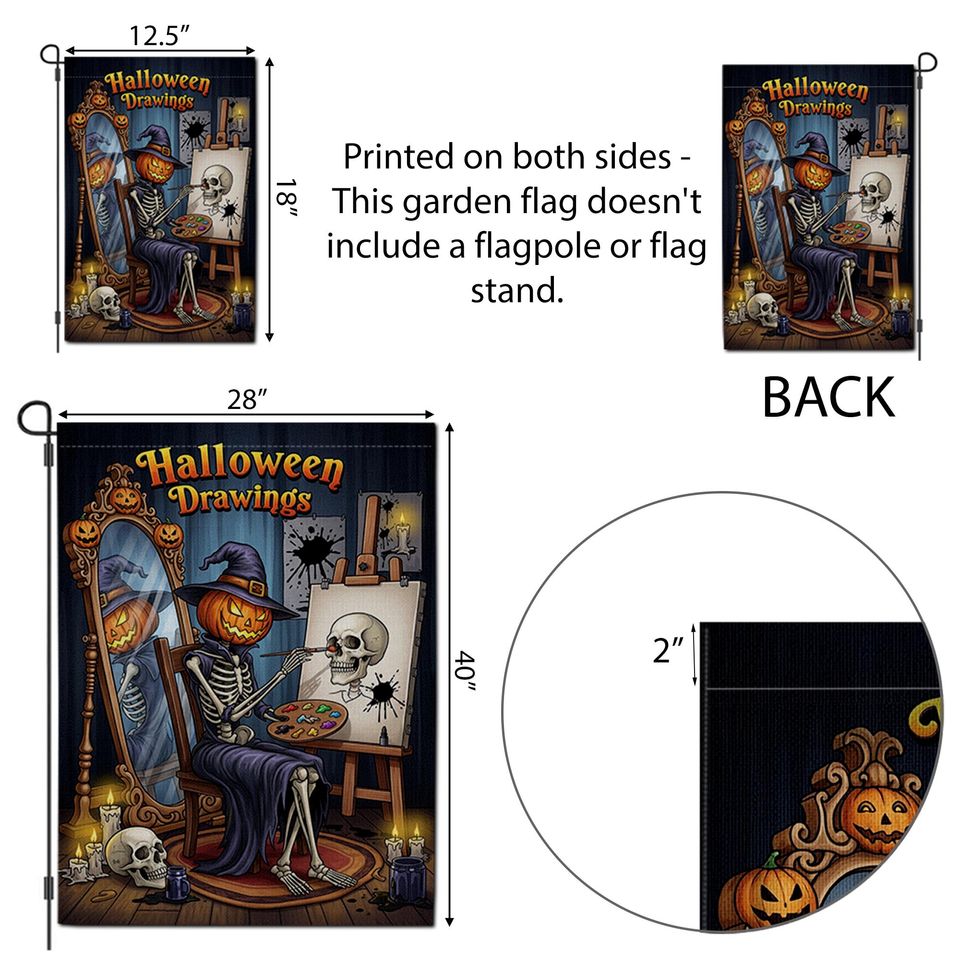 Halloween Artist Garden Flag - Pumpkin Skeleton Drawing Skull Art