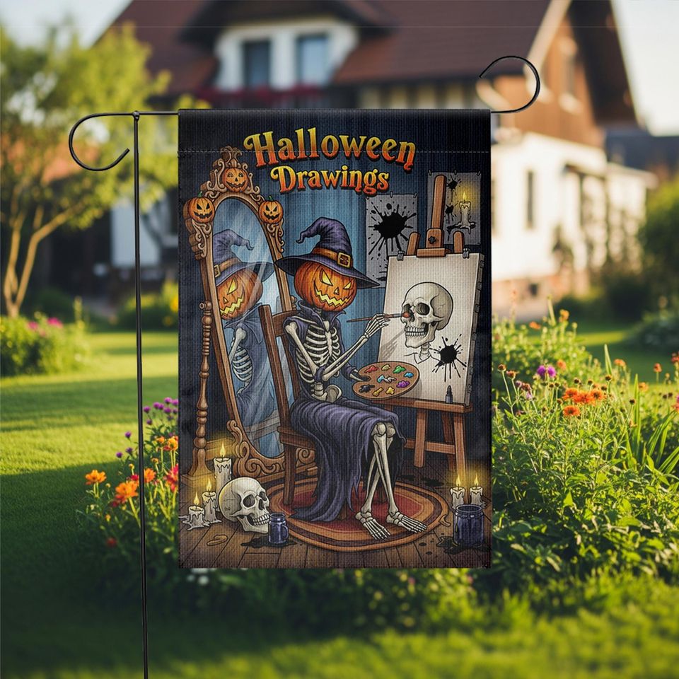 Halloween Artist Garden Flag - Pumpkin Skeleton Drawing Skull Art