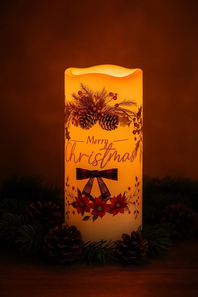 Merry Christmas LED Candle: Pinecones, Poinsettias & Plaid Bow