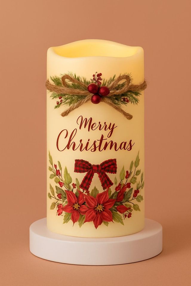 Merry Christmas LED Candle: Pinecones, Poinsettias & Plaid Bow