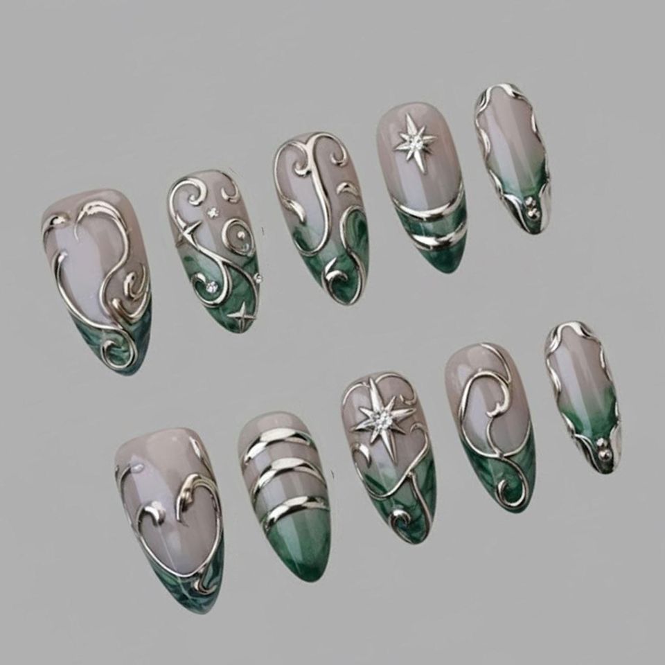 Luxury 3D Silver Frame Press On Nails | Emerald Green Ombre | Celestial Star & Swirl Design | Elegant Metallic Fake Nails
