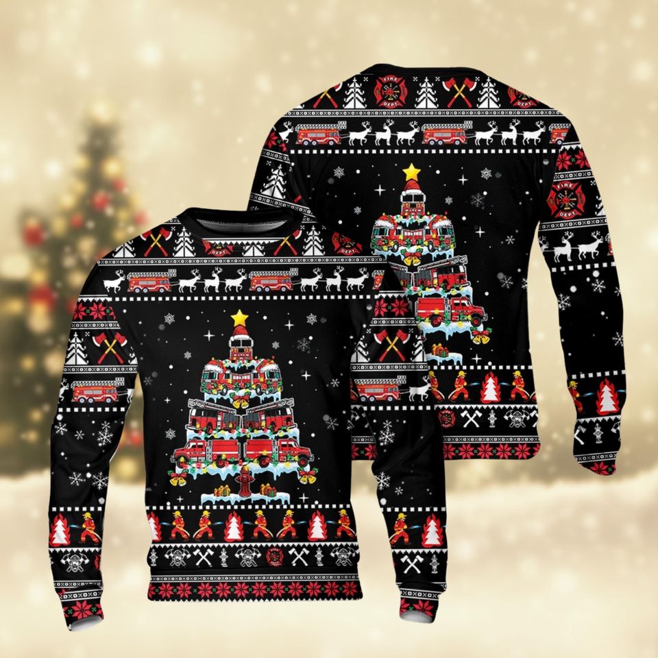Firefighter Christmas Sweater, Ugly Holiday Crewneck with Fire Truck Tree Design And Festive Pattern, Cozy Winter Material