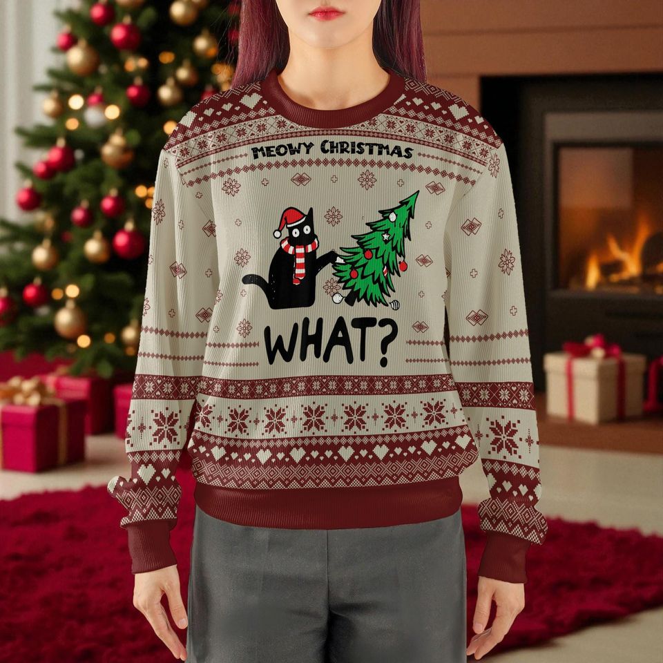 Meowy Christmas Funny Cat Ugly Sweater, Merry Catmas Tree Destroyer Pullover, Cute Holiday Cat Lover Shirt Gift
