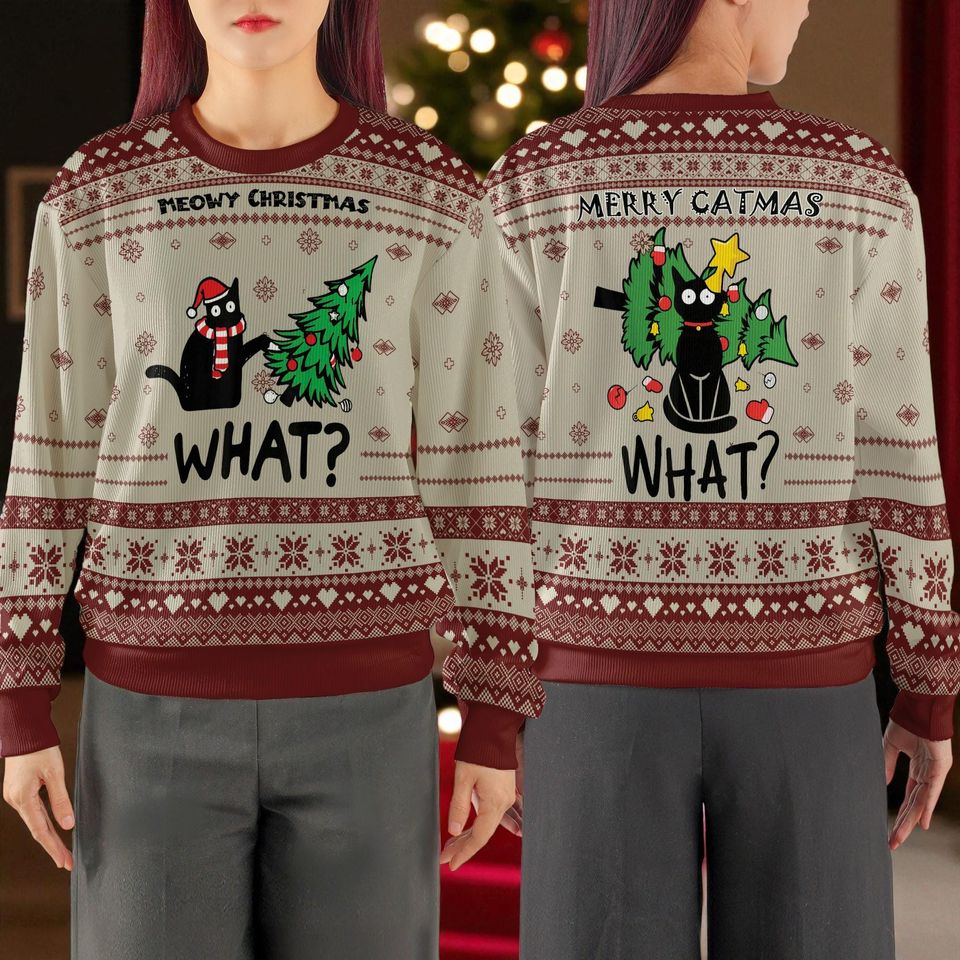 Meowy Christmas Funny Cat Ugly Sweater, Merry Catmas Tree Destroyer Pullover, Cute Holiday Cat Lover Shirt Gift