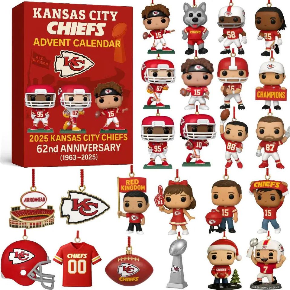 Kansas City Chiefs 66th Anniversary Advent Calendar 2025 | 24 Days of Chiefs Kingdom & Super Bowl Ornaments | KC Fan Gift Set