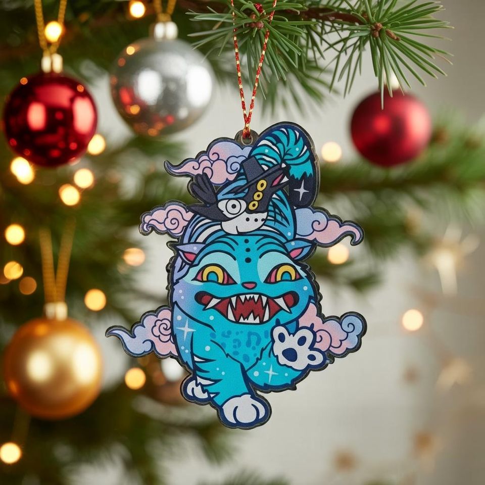 Derpy the Tiger And Bird Christmas Ornament, Demon Hunter Tiger Acrylic Ornament, Derpy Tiger and Sussie Bird Ornament, Demon Hunters Decor