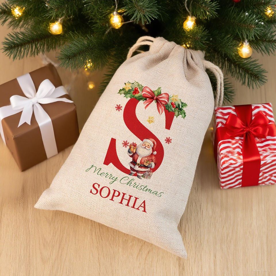 Personalised Christmas Santa Sack with Name & Initial, Jumbo Xmas Gift Bag, First Christmas Present Sack
