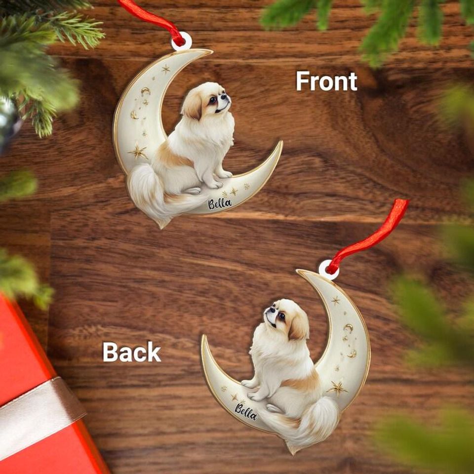 Personalized Japanese Chin Dog on Moon Ash Plywood Ornament Flat 2D Cutout Holiday Tree Decor Gift for Pet Lovers, Families, Puppy Keepsake