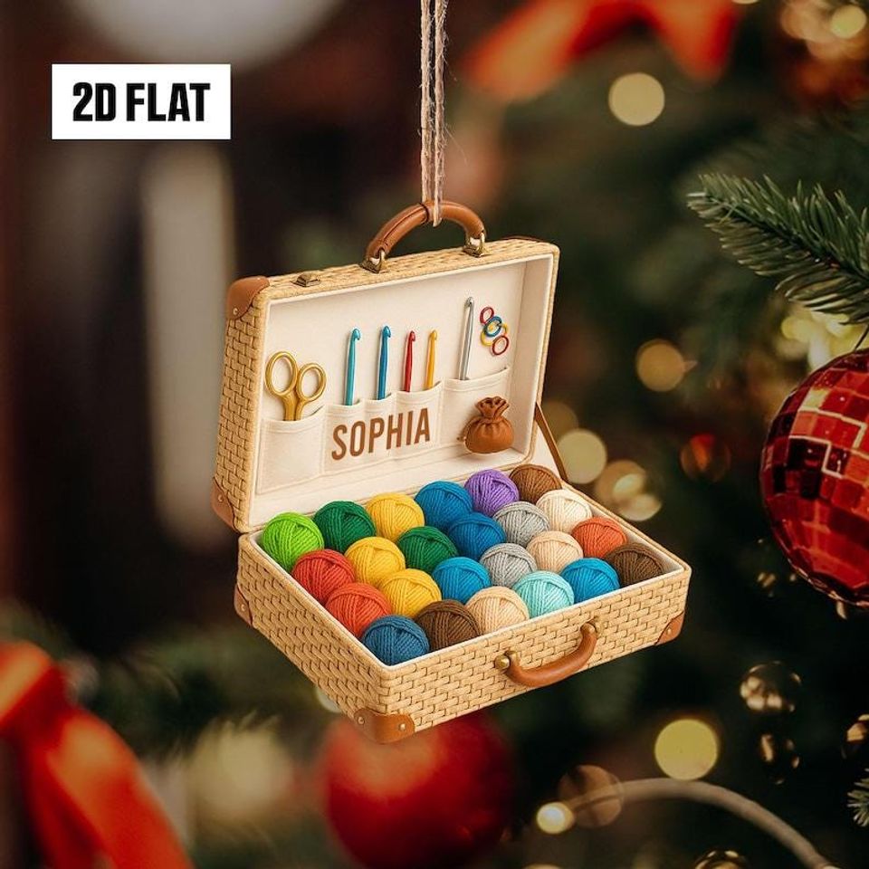 Personalized Crochet 2D Flat Ornament, Custom Yan Box Christmas Tree Ornament, Knitting Ornament, Crochet Lover Gift for Mom, Grandma