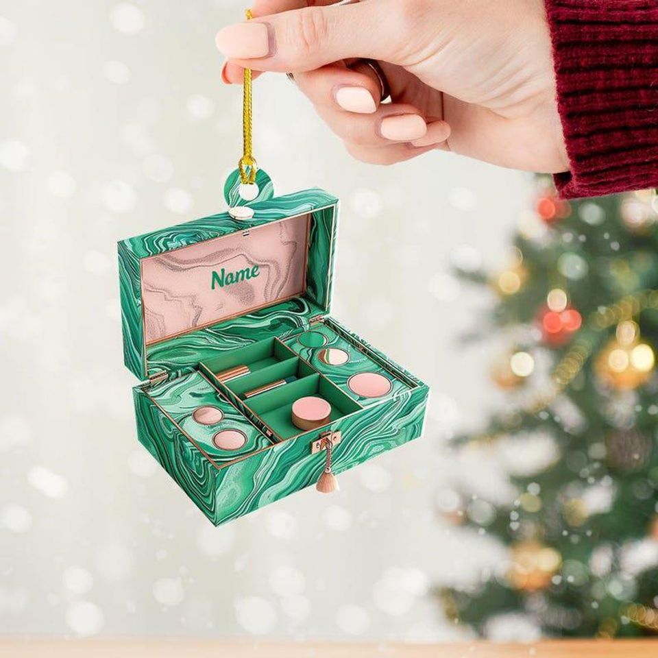 Personalized Malachite Cosmetics Box Christmas Ornament, Cosmetic Christmas Ornament, MUA Gift, Makeup Artist Ornament Gift