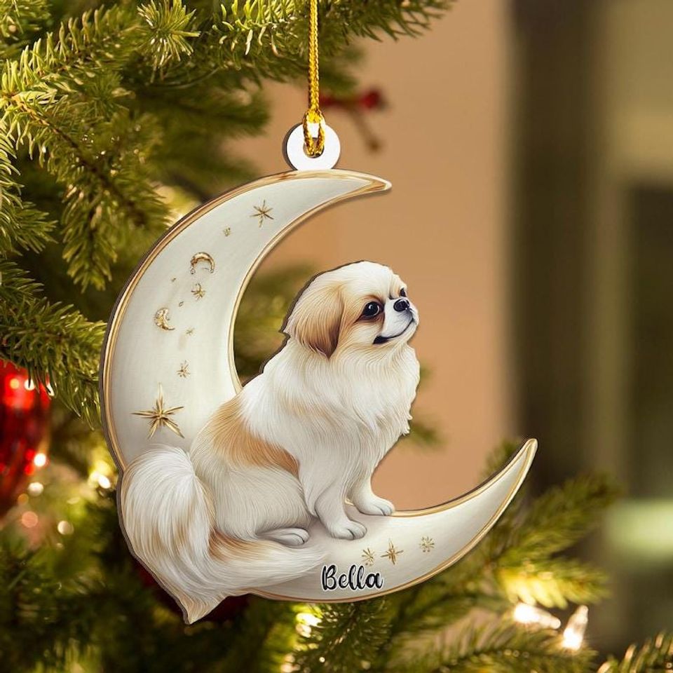 Personalized Japanese Chin Dog on Moon Ash Plywood Ornament Flat 2D Cutout Holiday Tree Decor Gift for Pet Lovers, Families, Puppy Keepsake