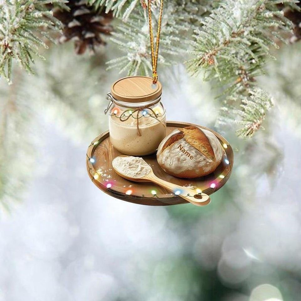 Custom Name Sourdough Starter Ornament, 2D Flat Christmas Ornament, Sourdough Christmas Hanging Decor Loved Sourdough Gift