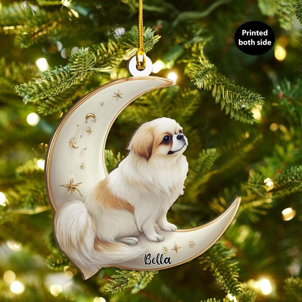 Personalized Japanese Chin Dog on Moon Ash Plywood Ornament Flat 2D Cutout Holiday Tree Decor Gift for Pet Lovers, Families, Puppy Keepsake