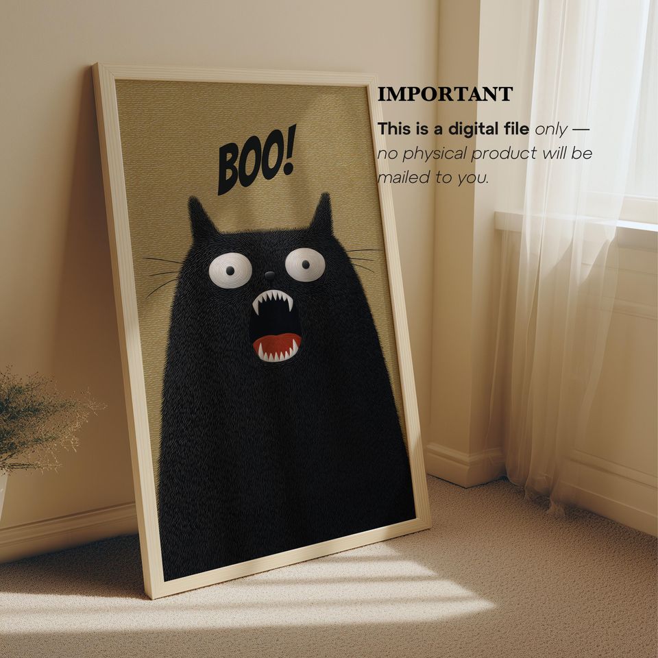 Boo! Funny Halloween Poster, Fuzzy Black Cat  Wall Art