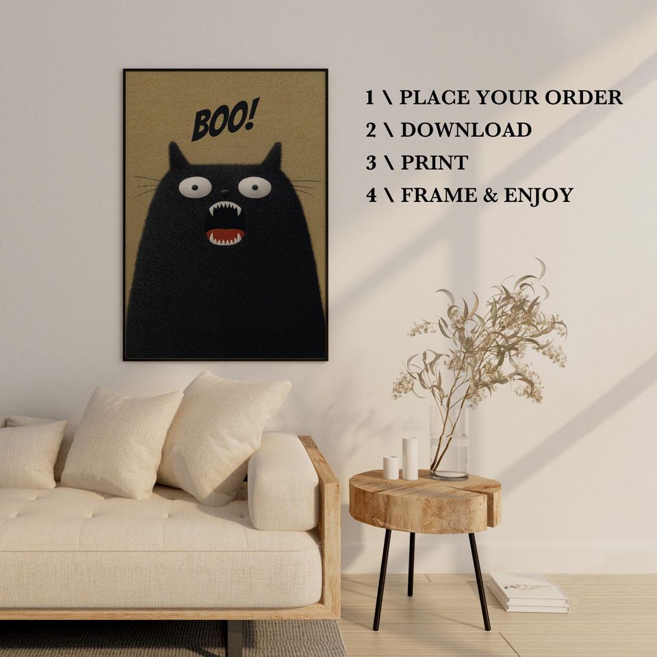 Boo! Funny Halloween Poster, Fuzzy Black Cat  Wall Art